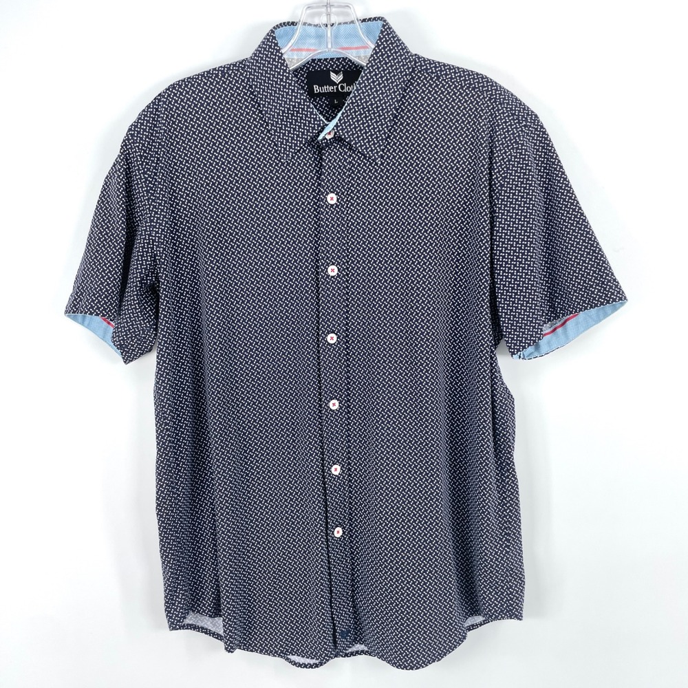 Butter Cloth Short Sleeve Button Down Shirt Mens L Navy Blue White Geometric